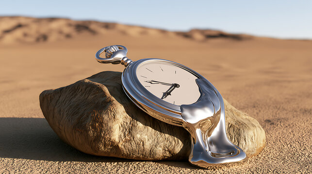 Surreal melting silver pocket watch resting on a stone in a vast desert landscape, symbolizing the passage of time and relativity concept