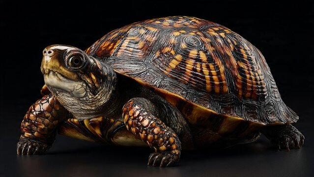 Close up portrait of eastern box turtle on black background with wildlife creature terrapin outdoors isolated background herpetology