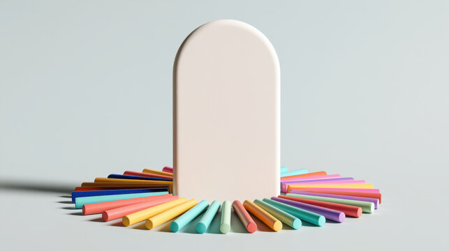 Blank arched school sign mockup surrounded by colorful crayons on a light background with copy space for education, classroom and back to school designs