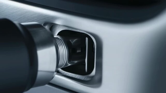 Metallic connector plug moves toward recessed port on sleek silver device surface, showing close-up insertion motion with reflective materials and minimal modern technology design background