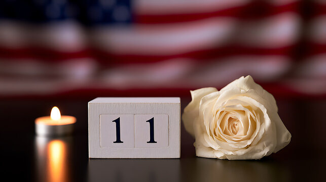 Remembrance day concept with wooden calendar block showing date eleven, white rose flower, lit candle, and american flag in background
