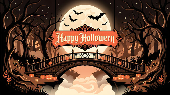 Happy Halloween sign on bridge, spooky night scene with pumpkins, bats, and full moon, vintage autumn illustration isolated on White Background Happy Halloween