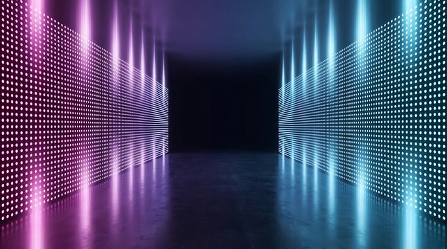 Empty corridor with glowing pink and blue led dot matrix walls, reflecting on a dark polished floor in a symmetrical perspective view