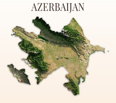 Azerbaijan Shaded Relief Map. Hillshaded physical terrain map illustration. Light background with title. Illustration elements derived from NASA Imagery and NASADEM Global Elevation Model.