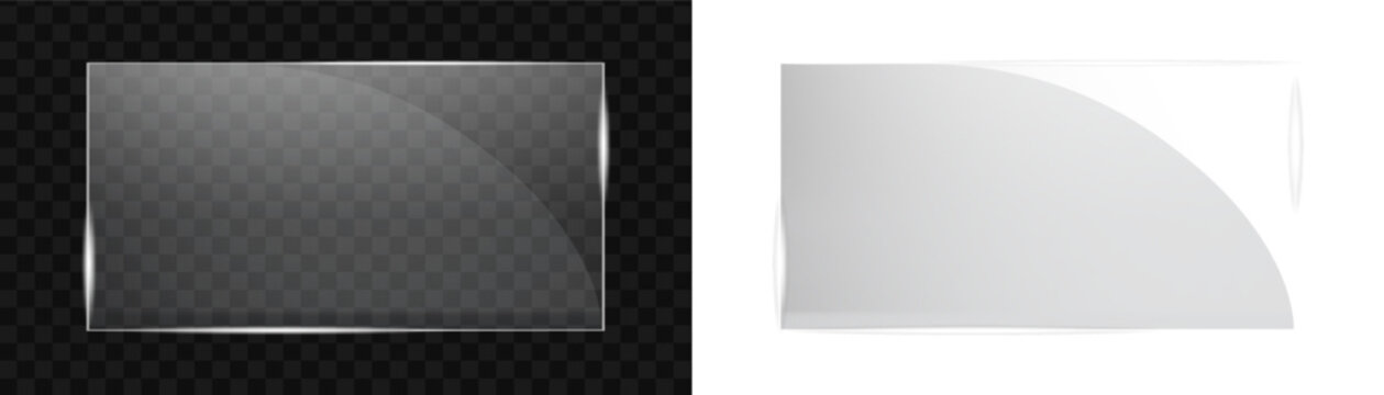 Set of realistic glass plates, rectangular transparent glass panels with reflections