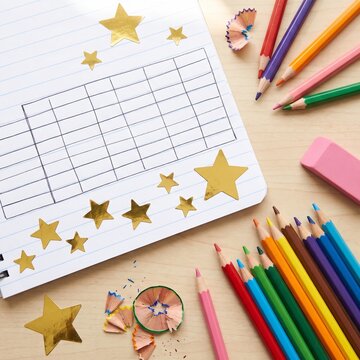 Gold Star Stickers on Childs Achievement Reward Chart Flat Lay with Colored Pencils