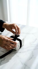 Fototapeta premium Woman with rings unwrapping white gift box with black ribbon on marble surface near bright window for holiday, celebration, and special occasion content.