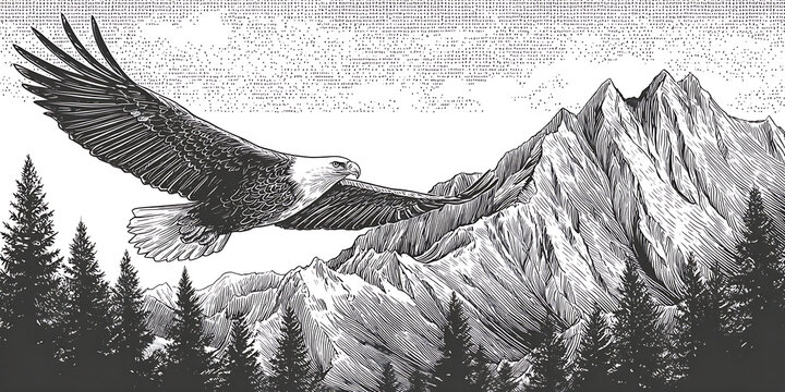 Bald eagle in flight over a mountain range detailed engraving style illustration