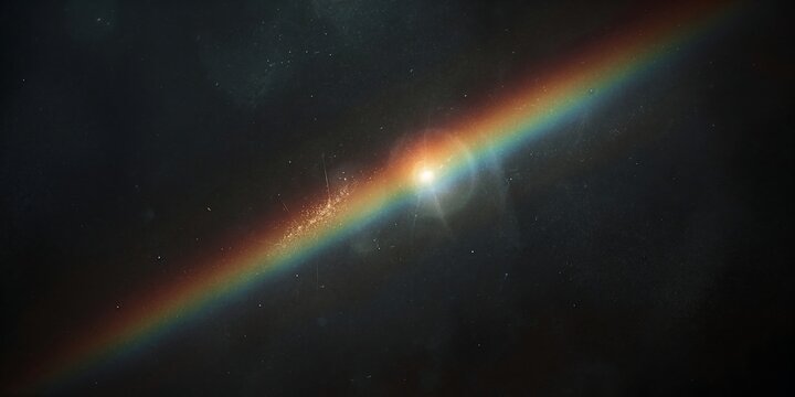 Cosmic landscape showing a bright colorful beam of light and a bright star glowing in deep space with rainbow light