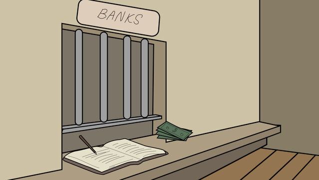 Bank teller window with security bars open ledger book and cash on counter illustration