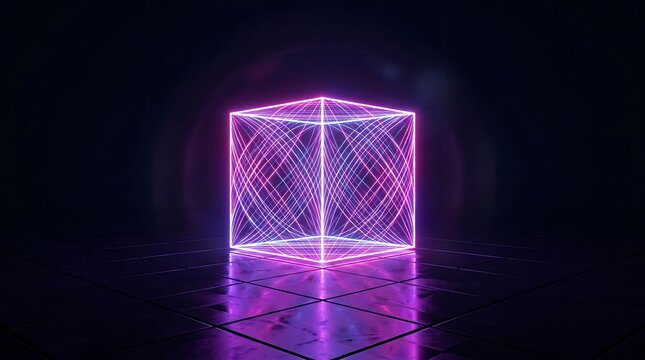 Glowing neon cube with intersecting light lines, floating above a dark, reflective tiled floor in a black background space