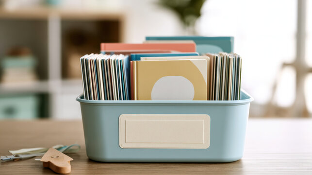 Early reader book storage bin filled with colorful children&rsquo;s books, blank cream label on front, clean classroom organization mockup with soft natural light