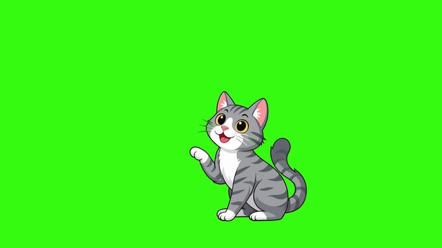 Cute animated grey tabby cat waving its paw on a green screen background. Great for pet, animal, or friendly greeting concepts. Chroma key footage.