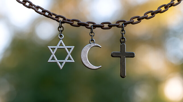 Religious symbols of Judaism, Islam, and Christianity hanging together on a metal chain, representing global faith, peace, and unity today