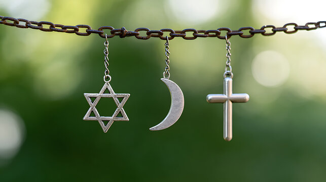 Religious symbols of Judaism, Islam, and Christianity hanging together on a metal chain against a soft green background showing unity