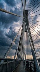 Fototapeta premium Low angle view of cable stayed bridge tower with dramatic storm clouds and steel cables