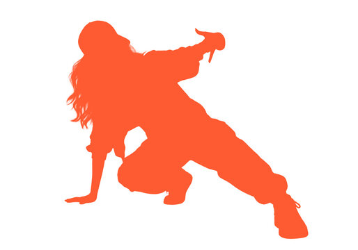 Dynamic orange silhouette of a breakdancer performing an energetic street dance pose isolated on a white background.