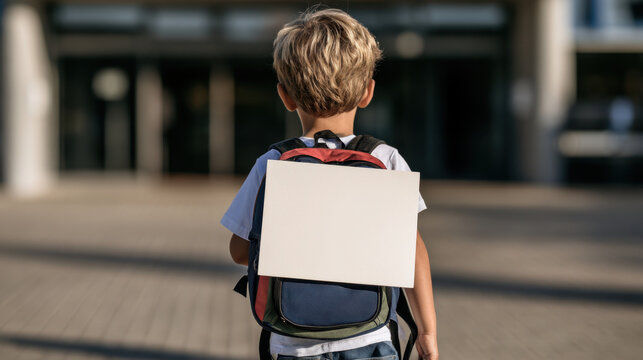 Young schoolboy with backpack and large blank card attached to his back outside school, ideal mockup for back to school message and custom text