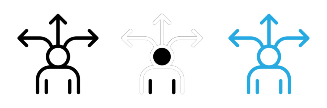 Set of three stylized human icons with arrows pointing in different directions representing decision making and choices