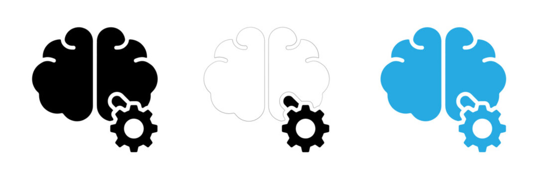 Set of human brain icons with gear symbols representing artificial intelligence and cognitive processing concepts