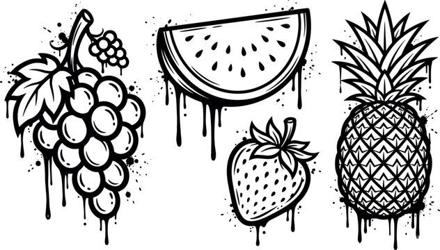 Street art graffiti style dripping fresh fruit icon set featuring grapes watermelon slice strawberry and pineapple vector illustration