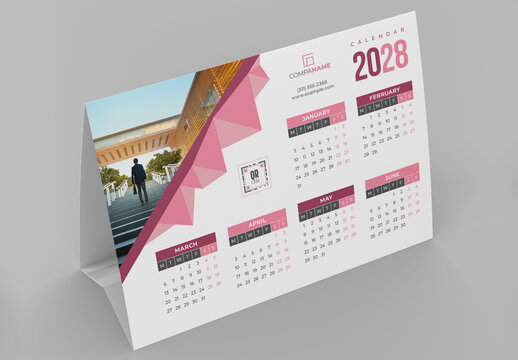 Desk Tent Style Calendar Layout with Pink Accents