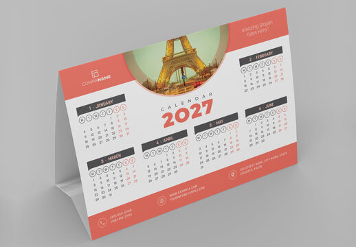 Tent Style Desk Calendar Layout with Red Accents