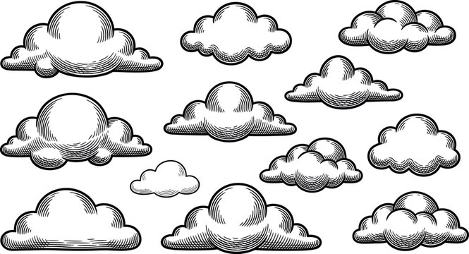 Vintage detailed cumulus clouds engraving style vector icon set featuring dramatic cartoon puff textures for weather landscape design