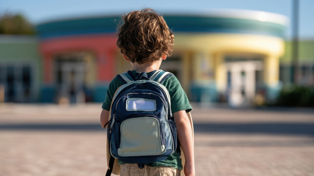 Young preschool boy with backpack standing outside colorful school building on first day, representing education, childhood, independence and new beginnings