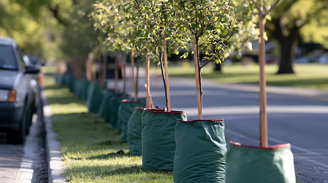 Row of young sapling trees in green protective watering bags lined up along a suburban neighborhood street for a community planting project