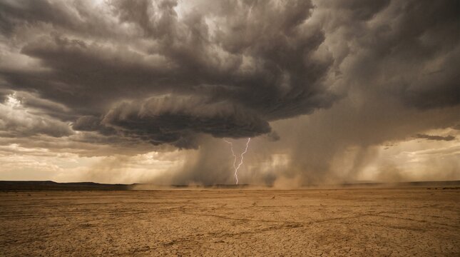 Desert Storm with Powerful Lightning Striking Dry Cracked Earth