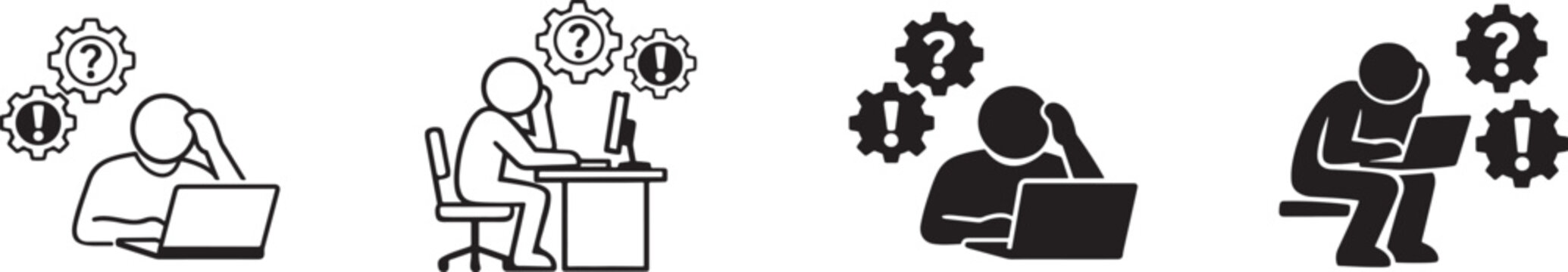Black and white problem icon set in multiple styles for issues, errors, troubleshooting, and solution concepts.