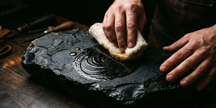 Hands polishing natural black obsidian stone with soft wool cloth and conditioning oil for lapidary artisan mineral craft display background scene.