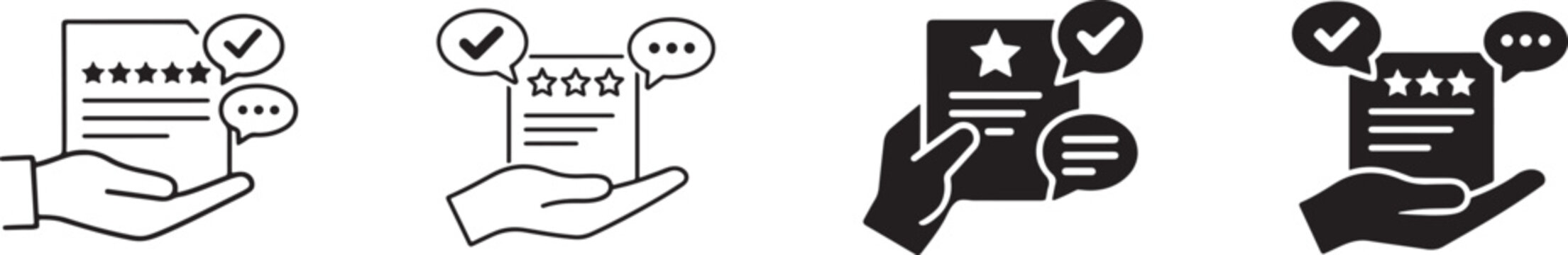 Black and white recommendation icon set in multiple styles for advice, reviews, approval, and guidance concepts.