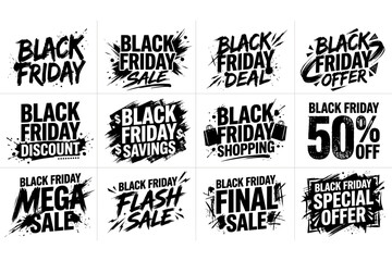 Obraz premium Collection of Black Friday sale banners and promotional text designs in a grunge style
