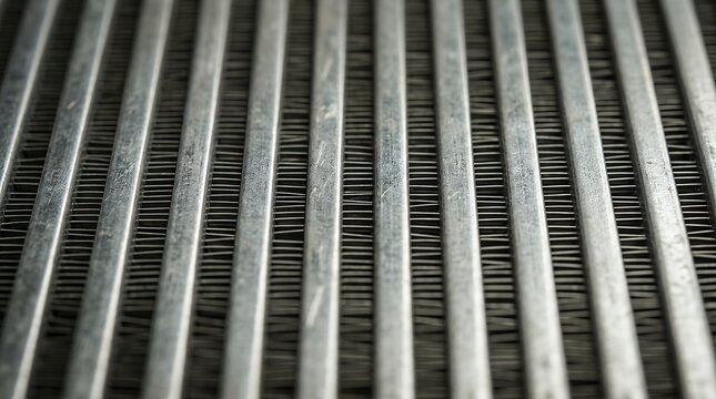 Metallic Heat Exchanger Grid Texture Featuring Parallel Radiator Fins and Fine Mesh Slits Industrial Abstract Surface Macro Photography metal radiator grill abstract industrial pattern texture