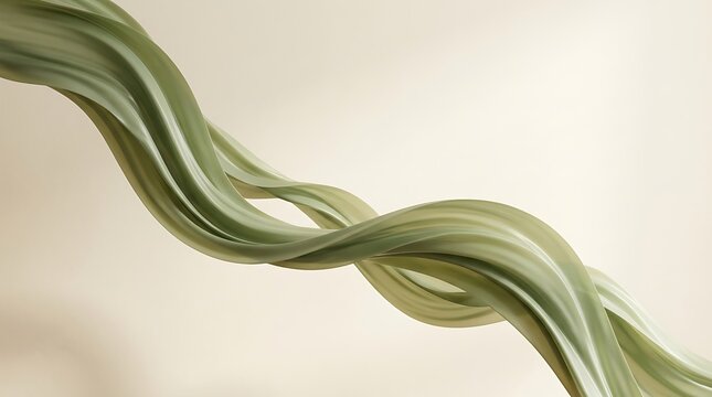 Abstract green wavy twisted ribbon sculpture on soft neutral background with twisted line abstract shape curved sculpture silk texture abstract
