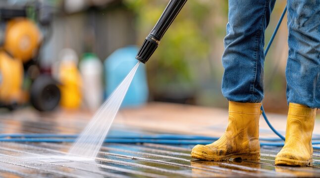 Pressure washing, worker cleans an outdoor surface with a high-pressure water jet, removing dirt and grime during professional maintenance.