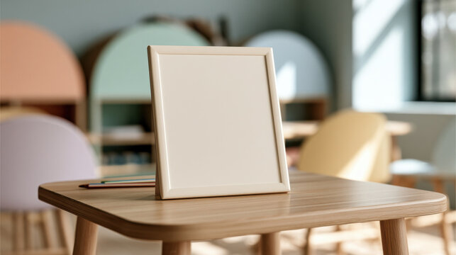 Blank framed sign mockup on a wooden table in a stylish kindergarten classroom with pastel furniture and soft natural sunlight