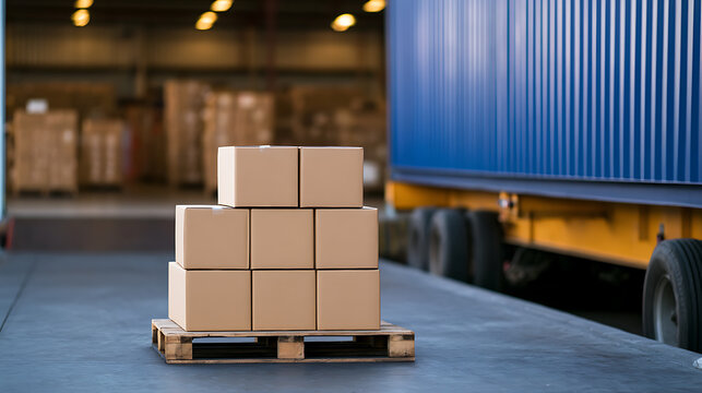 Cardboard boxes stacked on a wooden pallet in front of a blue freight container at a distribution warehouse ready for global transport