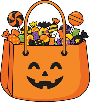 Orange jack o lantern trick or treat bag full of Halloween candy cartoon illustration