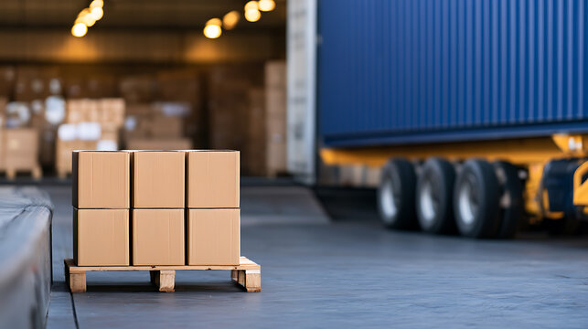 Cardboard boxes stacked on wooden pallet at warehouse loading dock with freight truck parked outside for cargo distribution and delivery