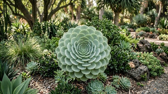 Foxtail Agave Succulent Rosette Displaying Symmetrical Leaf Pattern in Lush Botanical Garden agave attenuata foxtail succulent rosette plant garden pattern background green leaf botanical nature