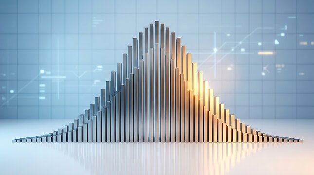 3d render of a bell curve distribution graph made of metallic bars representing statistical data analysis