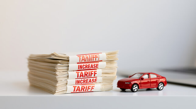 A stack of paper bundles with tariff increase text next to a small red toy vehicle on a white surface, representing automobile tax and economy