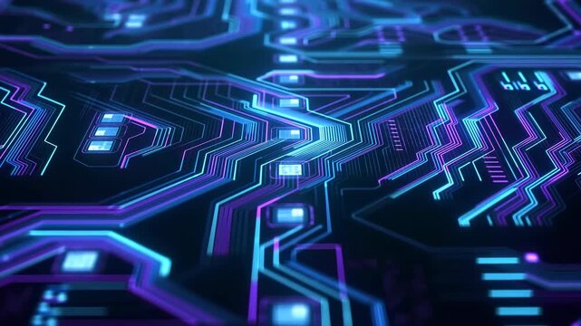 Glowing cyan and magenta circuit pathways crossing dark layered surface with sharp geometry, illuminated nodes, glossy contrast, diagonal rhythm, and futuristic digital network detail
