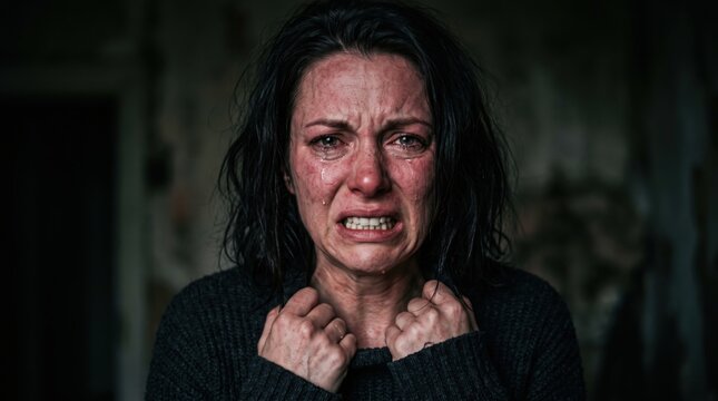 Distressed woman crying in dark room