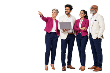 Fototapeta premium Four business professionals standing together looking at camera. Teamwork, collaboration, corporate meeting, office environment.