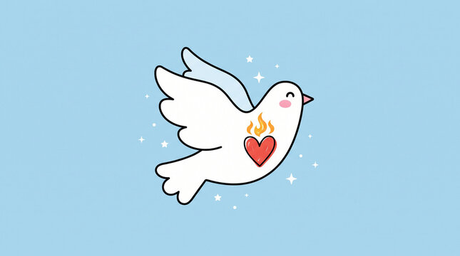 International Day of Peace, national Day of Peace, Day of Peace, peace, day. A cute cartoon style illustration of a white dove with a flaming heart on a light blue.