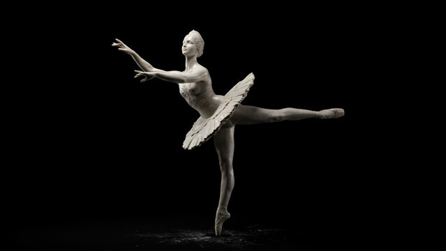 Graceful ballerina in arabesque pose, elegant ballet dancer in white tutu, classical dance performance on black background